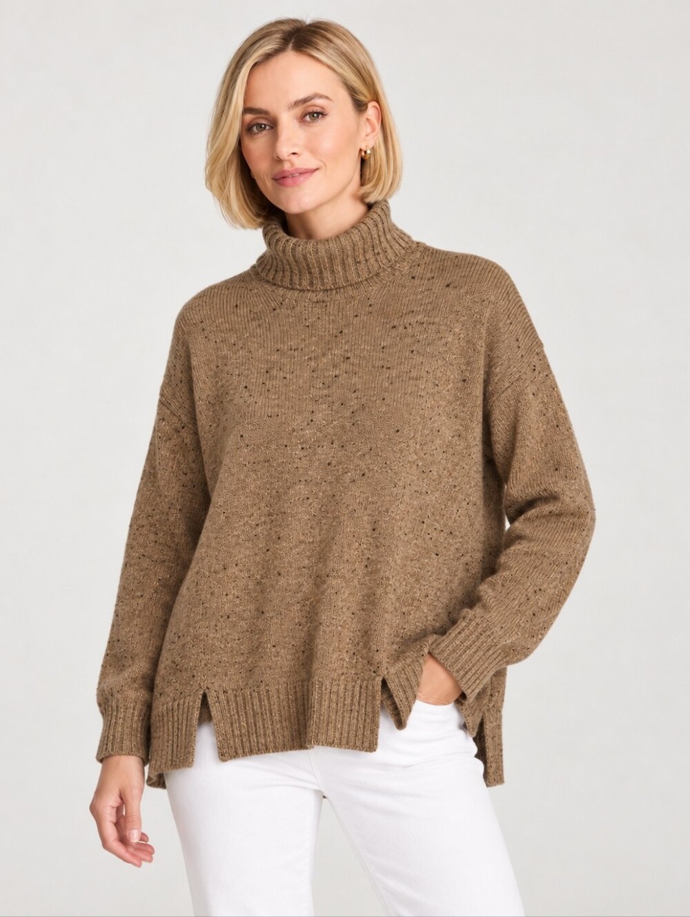 J.Jill Oversized Turtleneck Sweater Heathered Tan Brown XS